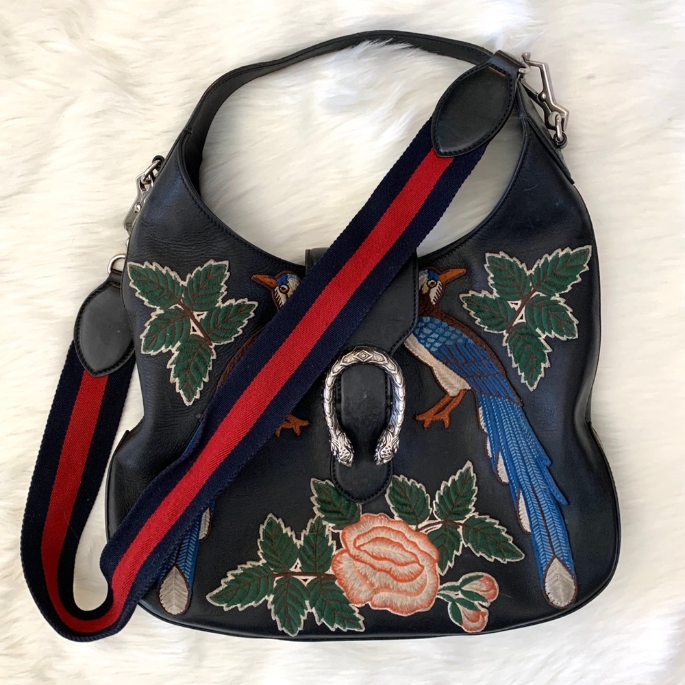 Gucci Black Hobo Bag with Embroidered Floral and Bird Design